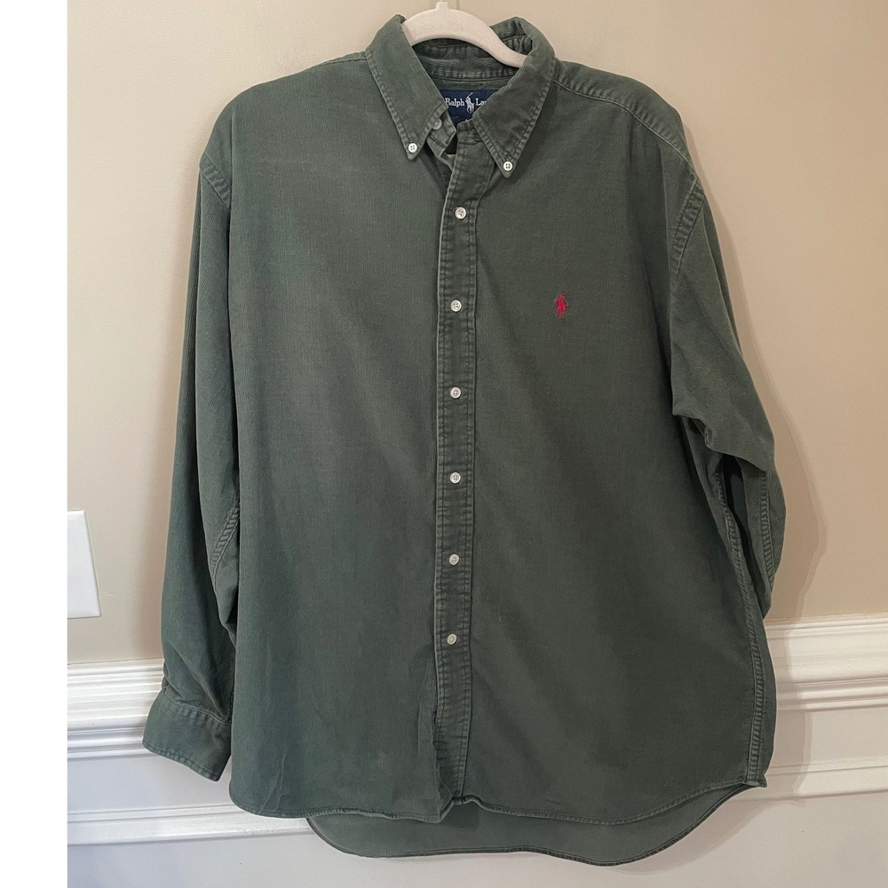 Ralph Lauren Vtg 90s Blaire Corduroy Shirt Mens Size L Moss Green Made in USA